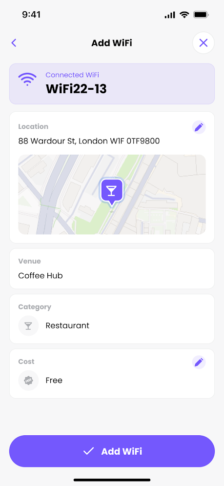 Add WiFi screen for entering venue and network details