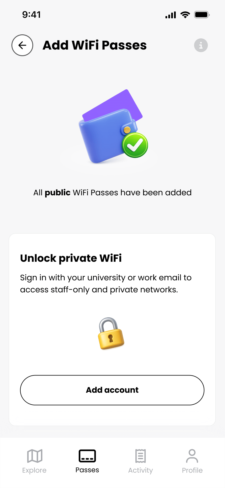 Add WiFi Passes screen showing the Add account button