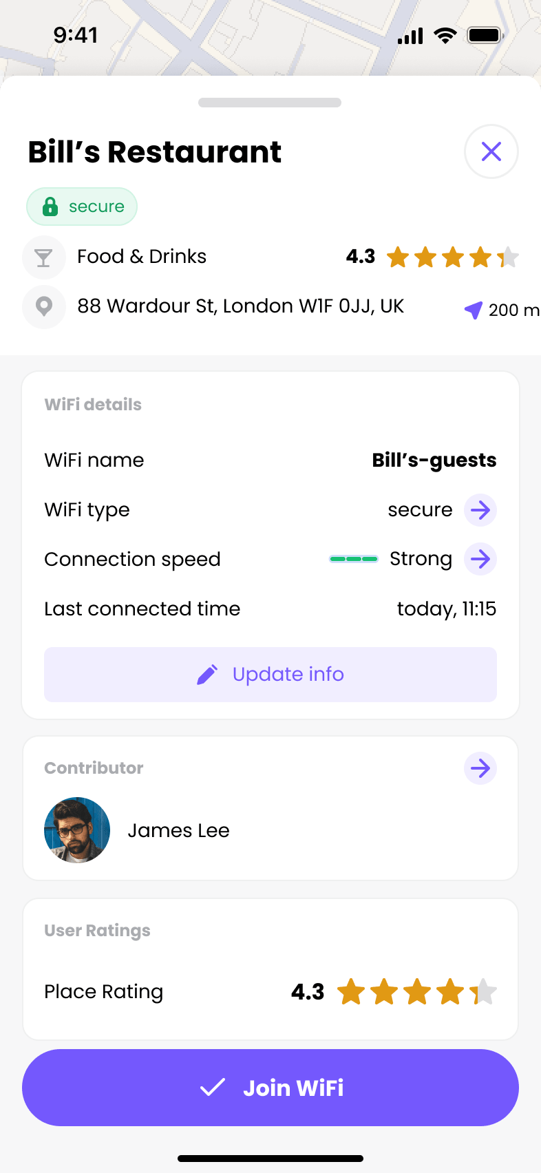 Location details screen showing the Update Info option