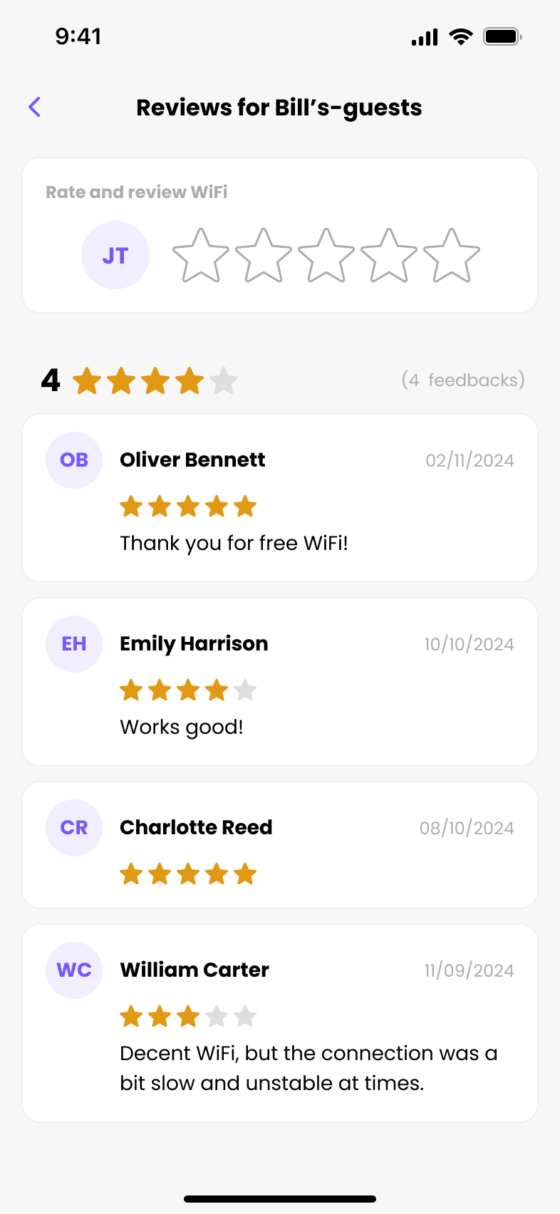 Reviews screen showing star ratings and comments