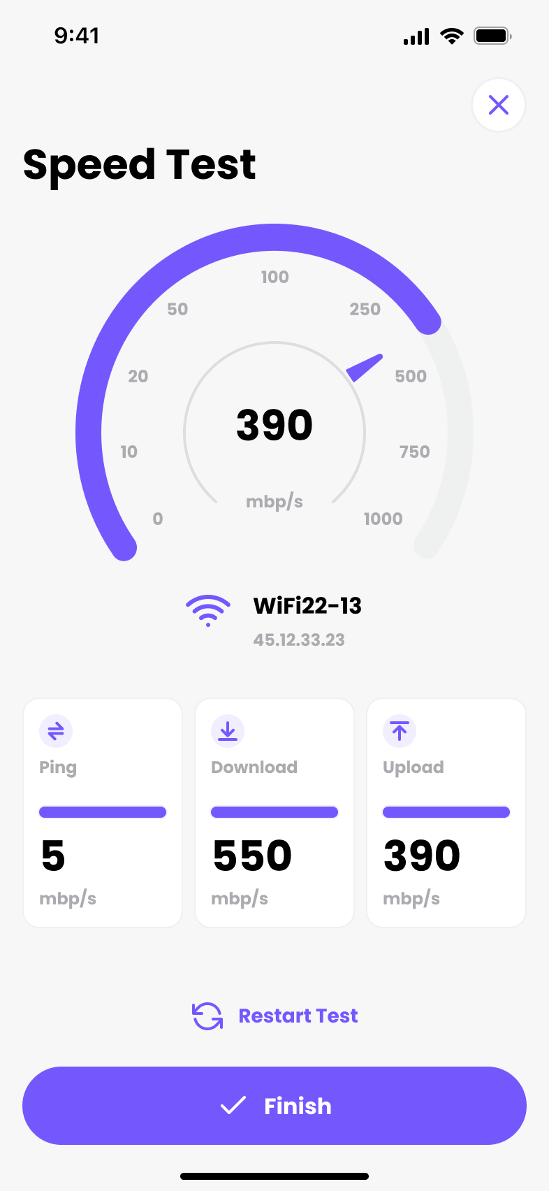 Speed test screen showing download, upload and latency