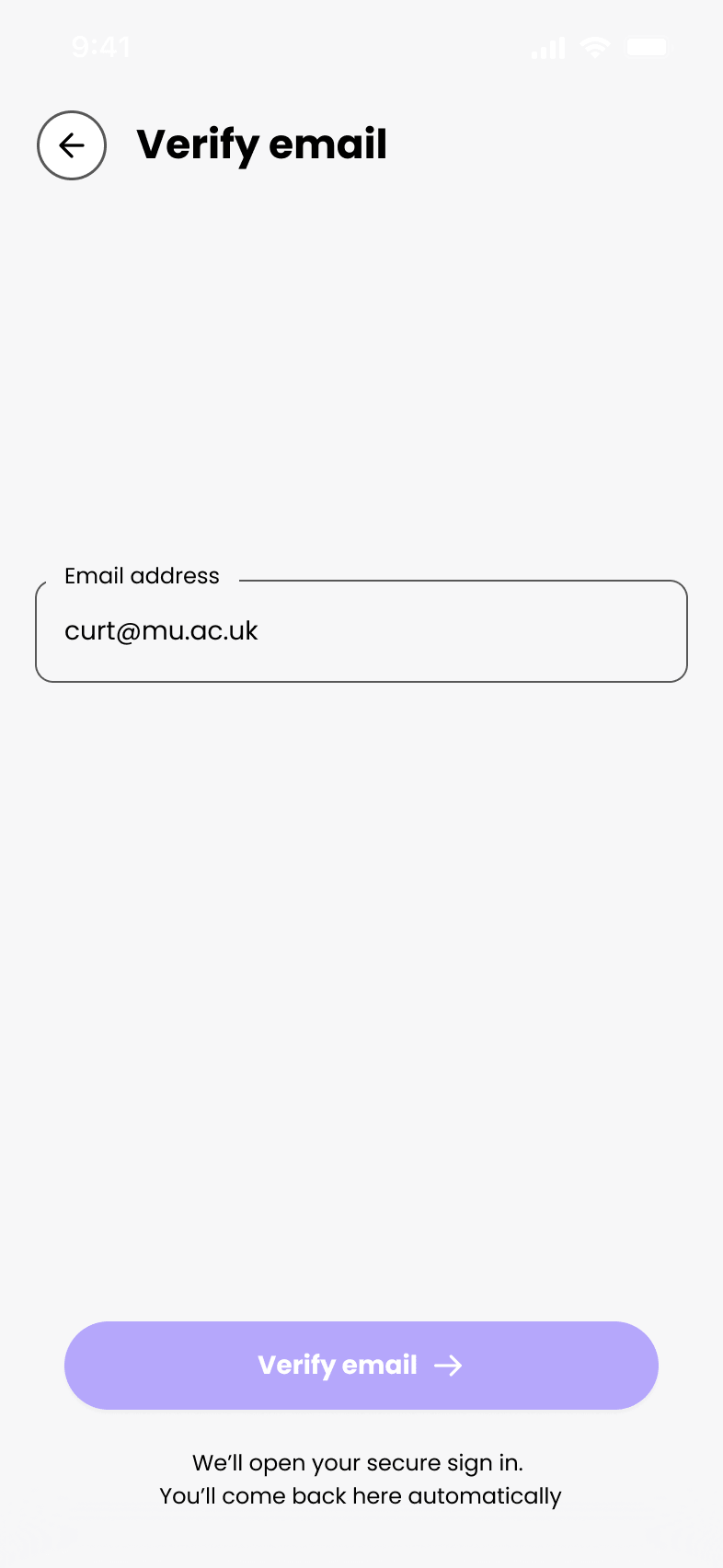 Verify your email screen showing the email entry field