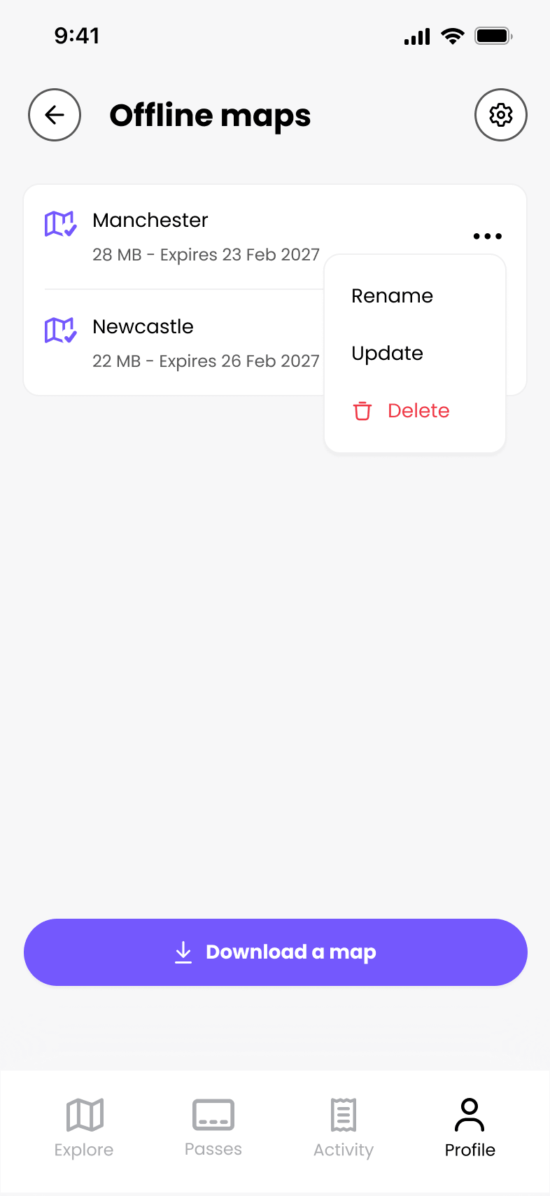 Offline Maps screen showing saved areas